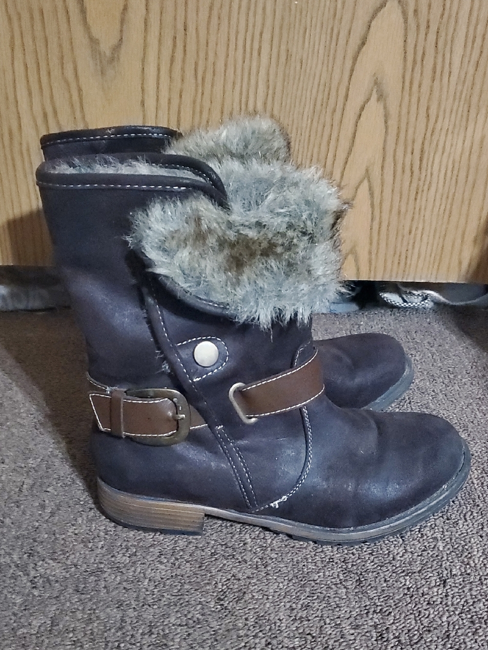 Faux Fur Trim Black Winter Ankle Boots